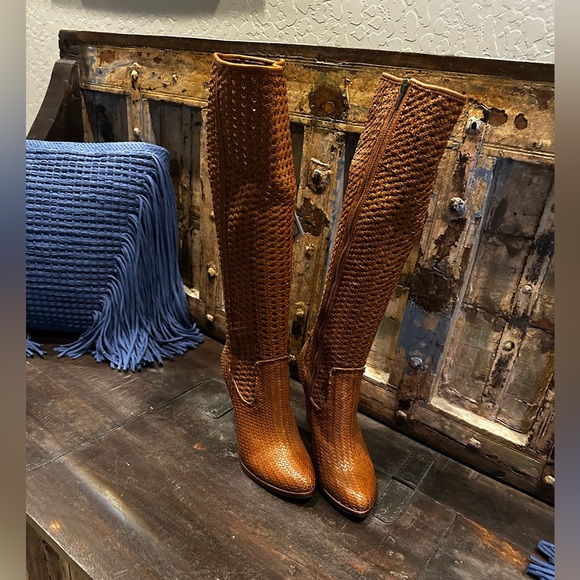 Tan Woven Knee-High Boots - Picture 2 of 7